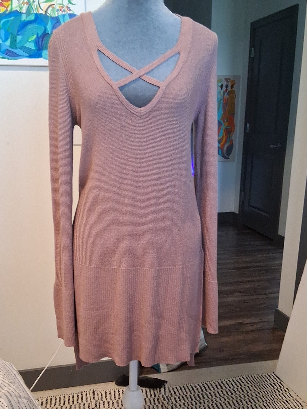 Free People Dusty Blush Crisscross V-Neck Tunic Sweater Dress